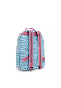 Zaino con un tessuto a fantasia blu, dettagli rosa, spallacci imbottiti e una maniglia. Ha un compartimento principale e tasche laterali.