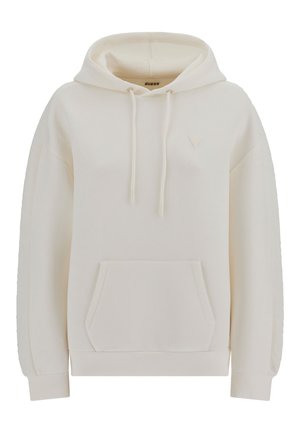 Hoodie vaaleasta väristä, jossa on kengurupussi, nyörit ja brodeerattu logo. Pehmeä pinta ja rento istuvuus, jossa on ribatut hihansuut ja helma.