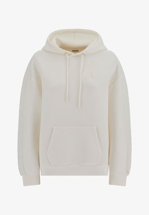 Cremfarbener Hoodie mit Kängurutasche, Kordelzügen und gesticktem Logo. Weiche Textur und lockere Passform mit gerippten Bündchen und Saum.