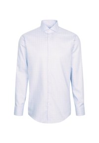 Camicia a maniche lunghe a quadri blu chiaro realizzata in tessuto morbido, con colletto classico e chiusura frontale con bottoni.