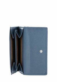 Portefeuille en cuir bleu avec une finition texturée, comprenant trois compartiments et une fermeture à pression. Intérieur doublé en tissu marron.