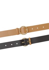 Two belts: one tan and one black, both made of smooth leather with gold-tone round buckles and multiple holes for adjustable fit.