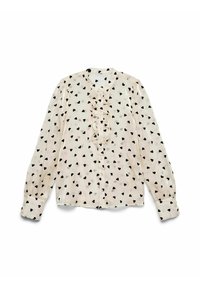 Svijetlosmeđa bluza dugih rukava s volanima na prednjem dijelu, s uzorkom crnih srca, zatvaranje na dugmad i naborane manžete.