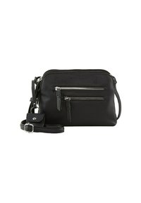 Schwarze Leder-Crossbody-Tasche mit zwei vorderen Reißverschlusstaschen, einem abnehmbaren Schultergurt und strukturiertem Material. Kompakte rechteckige Form.