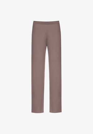 Brązowe spodnie dżersejowe o prostym kroju, z elastycznym pasem i jednolitą teksturą. Brak widocznych wzorów lub zdobień.