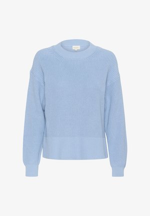 Kék kötött pulóver kerek nyakkivágással, lejjebb eső vállakkal és bordás szegélyekkel. Texturált mintával és hosszú ujjal rendelkezik.