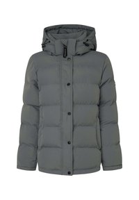 Giubbotto imbottito grigio con cappuccio, caratterizzato da sezioni trapuntate orizzontali, bottoni neri e coulisse regolabili sul cappuccio. Texture morbida.