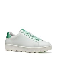 White leather sneakers with green accents on the heel and laces. Features a rounded toe and thick rubber sole with textured grip.