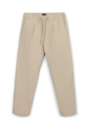 Pantaloni beige con una vestibilità comoda, vita elastica, chiusura con cordoncino e un tessuto liscio e leggero; presenta pieghe frontali e gambe affusolate.