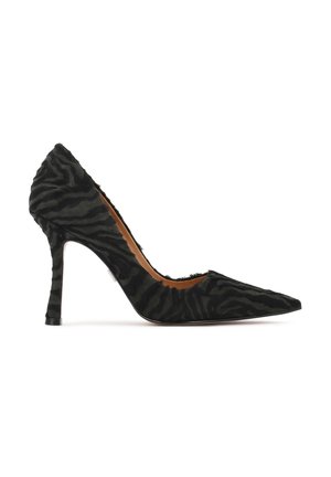 Décolleté con stampa leopardata nera, punta appuntita, tessuto testurizzato e design con tacco a stiletto. Silhouette elegante e interni in pelle liscia.