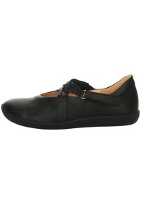 Schwarze Leder Schuhe mit glatter Textur, abgerundetem Zehenbereich und einem Querbanddesign. Sie verfügen über eine niedrige Gummisohle und minimale Nähdetails.