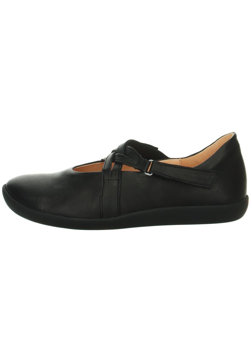 Schwarze Leder Schuhe mit glatter Textur, abgerundetem Zehenbereich und einem Querbanddesign. Sie verfügen über eine niedrige Gummisohle und minimale Nähdetails.