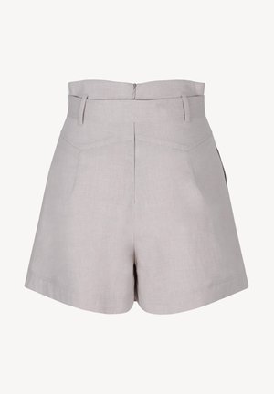 Jasnoszare szorty z wysokim stanem, z pętlami na pasek, przednim zamkiem błyskawicznym, dopasowanymi szwami oraz szerokimi nogawkami.
