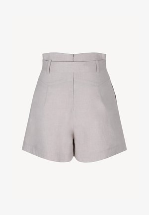Jasnoszare szorty z wysokim stanem, z pętlami na pasek, przednim zamkiem błyskawicznym, dopasowanymi szwami oraz szerokimi nogawkami.