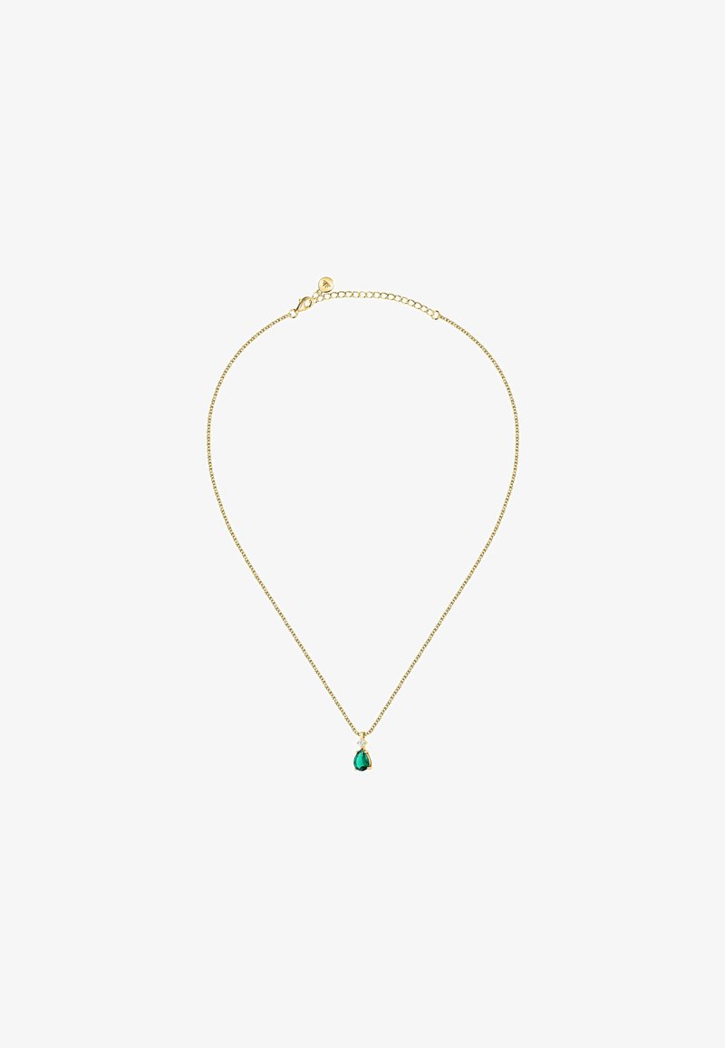 Goldene Kettenhalskette mit einem tropfenförmigen grünen Edelstein-Anhänger. Die Kette verfügt über einen gesicherten Verschluss und eine verstellbare Länge. Durchgehend glatte Textur.