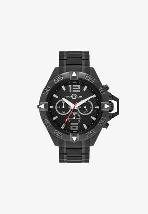 Sort metal ur med en struktureret sort urskive, tre underdials, lysende timemarkører og et dristigt design. Stopurfunktion inkluderet.