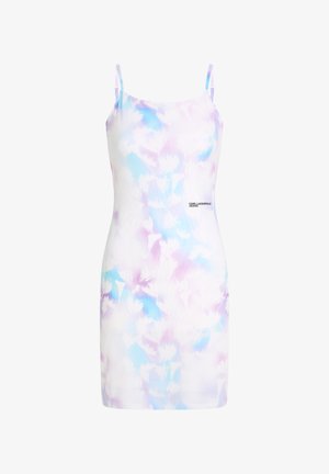 Hvid kjole med pastelfarvet blå og lilla abstrakt mønster. Har tynde justerbare stropper og et brandlogo trykt på den nederste side.