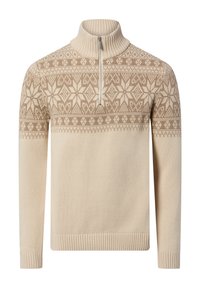 Beige knit pullover with a half zip, featuring a geometric pattern in a darker hue at the chest and ribbed cuffs and hem.