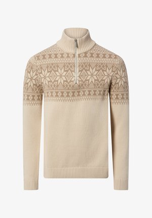 Beiger Strickpullover mit halbem Reißverschluss, der ein geometrisches Muster in dunklerer Farbe an der Brust sowie gerippte Bündchen und Saum aufweist.