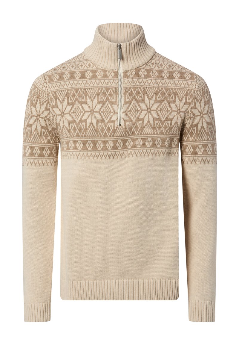 Beige knit pullover with a half zip, featuring a geometric pattern in a darker hue at the chest and ribbed cuffs and hem.