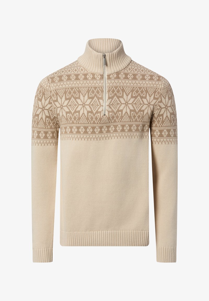 Beiger Strickpullover mit halbem Reißverschluss, der ein geometrisches Muster in dunklerer Farbe an der Brust sowie gerippte Bündchen und Saum aufweist.