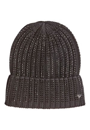 Bonnet en tricot gris foncé avec revers plié, décoré de petits strass noirs et argentés régulièrement espacés, et un petit logo métallique triangulaire sur le revers.