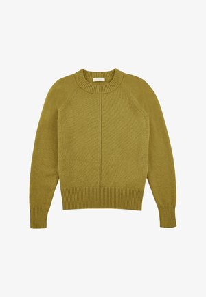 Suéter verde oliva hecho de un tejido de punto texturizado. Presenta un cuello redondo, puños y dobladillo inferior acanalados, además de mangas raglán.