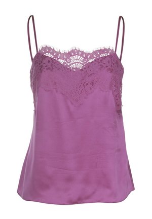 Camisola din mătase violetă cu dantelă pe decolteu, bretele subțiri și textură netedă; croială lejeră, material semi-transparent.