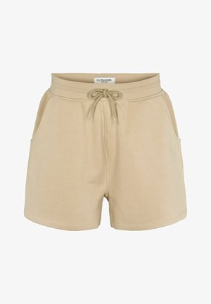 Bézs színű, puha pamut keverékből készült rövidnadrág, rugalmas derékkal és állítható zsinórral, két oldalsó zsebből és laza szabású tervezésből áll.