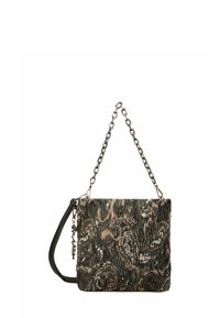 Bolso texturizado en verde y beige con patrones ondulados, cadena plateada y correa negra, con un logotipo metálico "Aneke" en el frente.