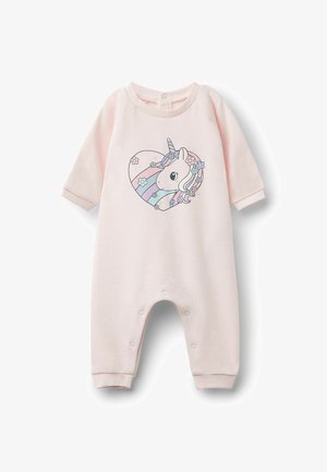 Helles pinker Baumwoll-Overall mit langen Ärmeln, der ein Einhorn-Graphic innerhalb eines Herzens zeigt. Druckknopfverschlüsse am Boden für ein einfaches Ankleiden.