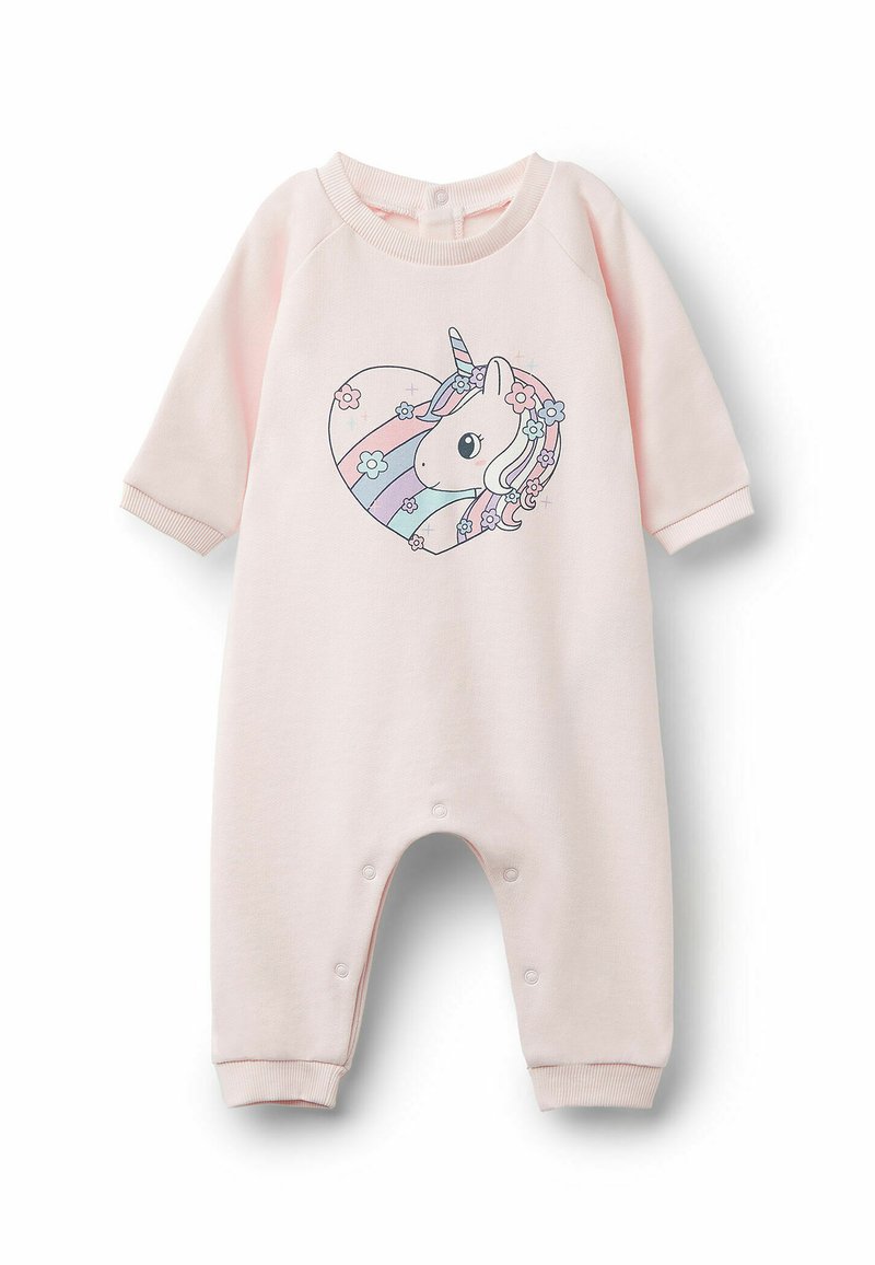 Jasnoróżowy bawełniany kombinezon z długimi rękawami, z grafiką jednorożca w sercu. Zapięcia na zatrzaski u dołu ułatwiają ubieranie.
