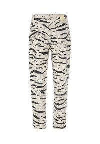 Weiße Jeanshosen mit einem schwarzen Tigerstreifenmuster, Gesäßtaschen und einer schlanken, zulaufenden Silhouette.