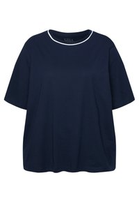 Námořnická modrá bavlněná tričko s kulatým výstřihem, krátkými rukávy a kontrastním bílým lemem kolem límce. Jemná textura a volný střih.