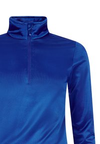 Modrý top s dlouhými rukávy, vysokým límcem a čtvrtzipem. Vyrobený z hladkého, lesklého materiálu s elegantním, přiléhavým střihem.