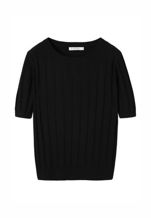 Melnas adītas blūze ar īsām piedurknēm, ribots faktūru un apaļu izgriezumu. Vienkāršs dizains ar piegulošu siluetu.