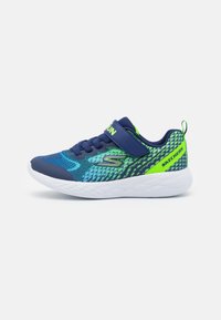 Skechers children's sneakers in blue and green, featuring a mesh upper, lace and Velcro closure, white sole, and textured pattern.