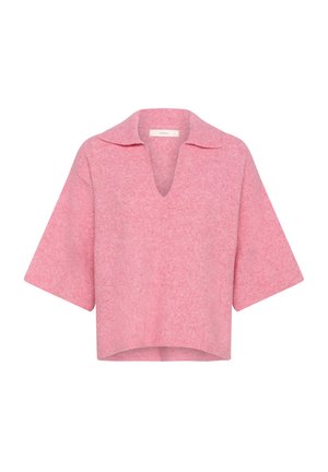 Pink short-sleeve sweater with wide collar and deep V-neck, made from soft textured knit fabric, shown on white background.