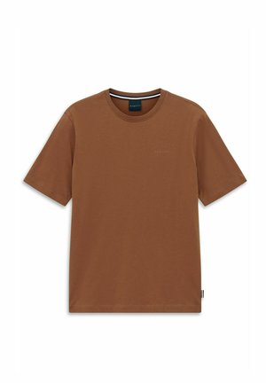 Braunes T-Shirt mit kurzen Ärmeln und Rundhalsausschnitt, mit einem kleinen Logo auf der Brust und einem Etikett an der unteren Seitennaht.