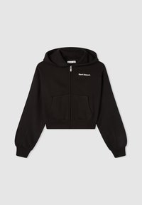 Felpa nera cropped con zip e maniche lunghe, dotata di tasca frontale e testo "Non Disturbare" in bianco. Materiale morbido e vestibilità comoda.