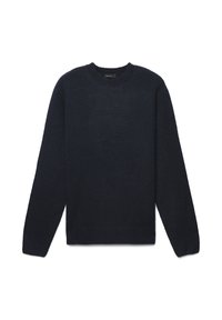 Maglione spesso di un blu scuro, a maglia grossa, con collo rotondo, maniche lunghe e polsini e orlo a coste. Texture morbida, design semplice, senza motivi o dettagli visibili.
