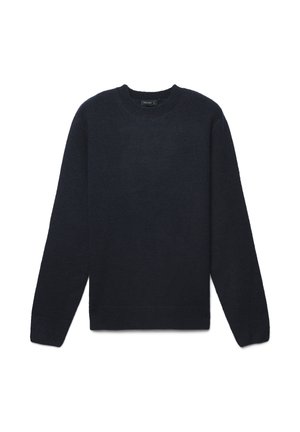 Maglione spesso di un blu scuro, a maglia grossa, con collo rotondo, maniche lunghe e polsini e orlo a coste. Texture morbida, design semplice, senza motivi o dettagli visibili.