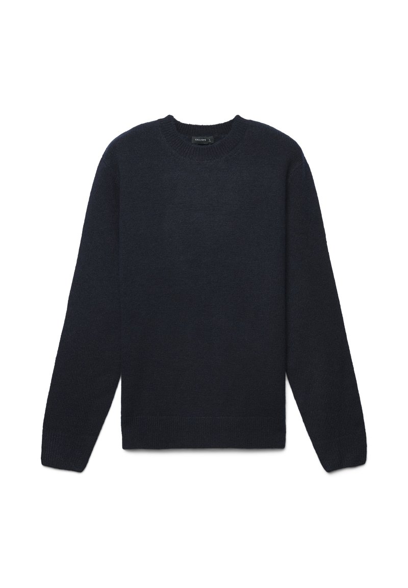 Maglione spesso di un blu scuro, a maglia grossa, con collo rotondo, maniche lunghe e polsini e orlo a coste. Texture morbida, design semplice, senza motivi o dettagli visibili.