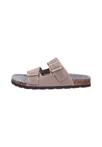 Beige Netz-Sandale mit zwei verstellbaren Riemen, einem Korkfußbett und einer strukturierten schwarzen Gummisohle.