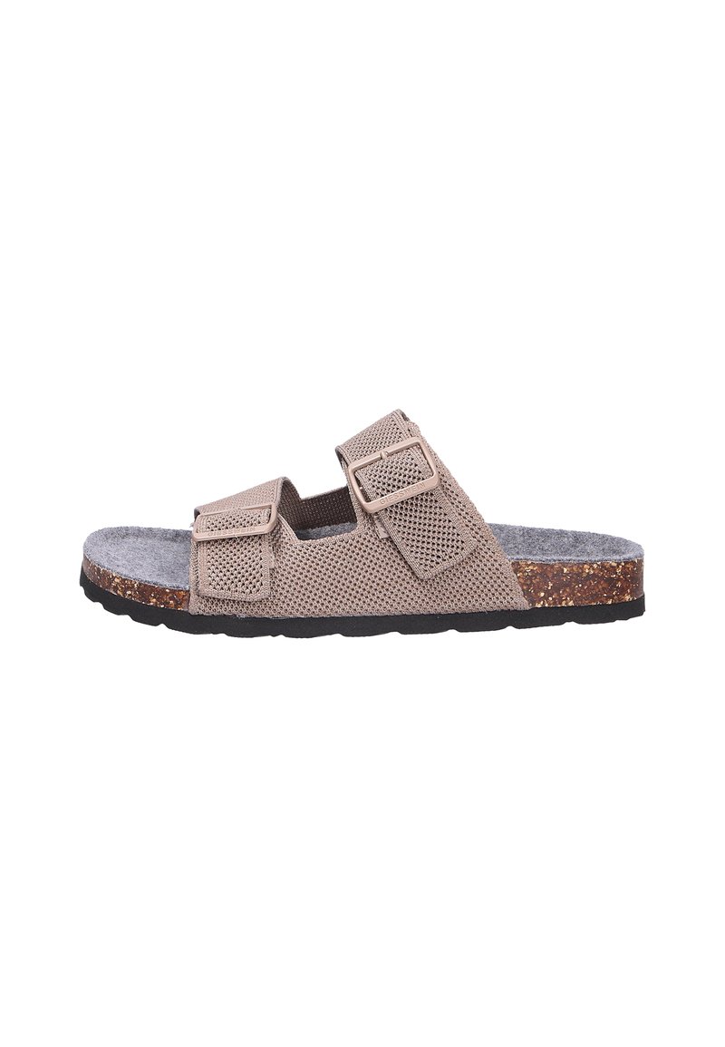 Beige Netz-Sandale mit zwei verstellbaren Riemen, einem Korkfußbett und einer strukturierten schwarzen Gummisohle.