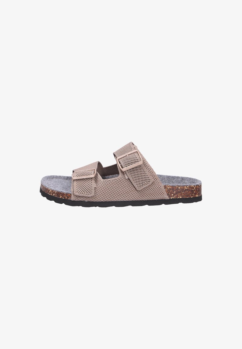 Beige Netz-Sandale mit zwei verstellbaren Riemen, einem Korkfußbett und einer strukturierten schwarzen Gummisohle.