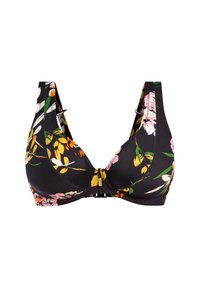 Floral-patterned black bra with wide straps, a hook closure at the front, and a smooth texture, featuring vibrant yellow, pink, and green accents.