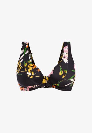 Schwarzer BH mit Blumenmuster, breiten Trägern, einem Hakenverschluss an der Vorderseite und einer glatten Textur, unterstrichen von lebendigen Akzenten in Gelb, Pink und Grün.