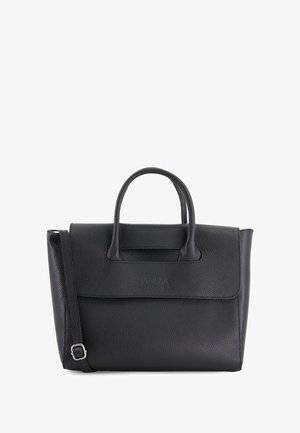 Black leather handbag with two top handles and an adjustable shoulder strap. Features a structured shape and a front flap pocket.