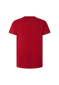 Rood katoenen T-shirt met korte mouwen, ronde hals en een gladde textuur. Achteraanzicht toont een effen kleur en eenvoudig ontwerp.